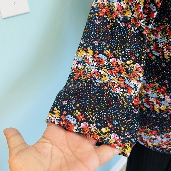 Eden & Olivia M Black Floral Flower Button Down Top Comfy Roll Up Sleeves 0767 - Picture 5 of 13